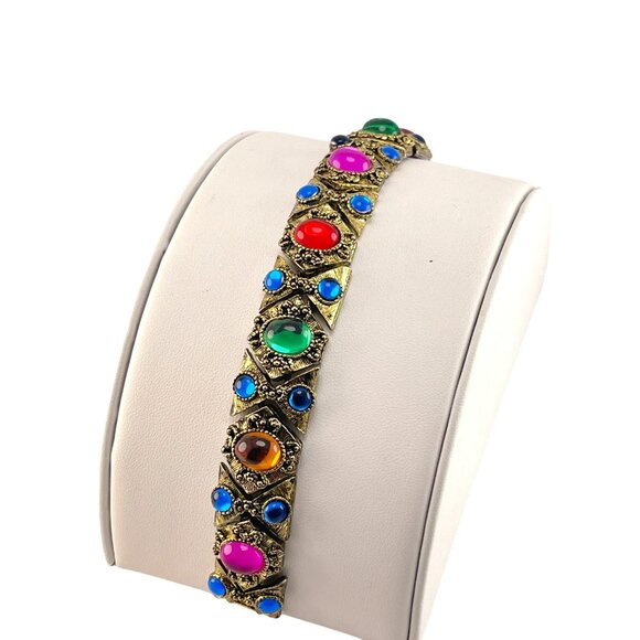 Jewels of India Cabochon Bracelet Chunky gold Tone Statement Runway 80s RARE! - Picture 9 of 10